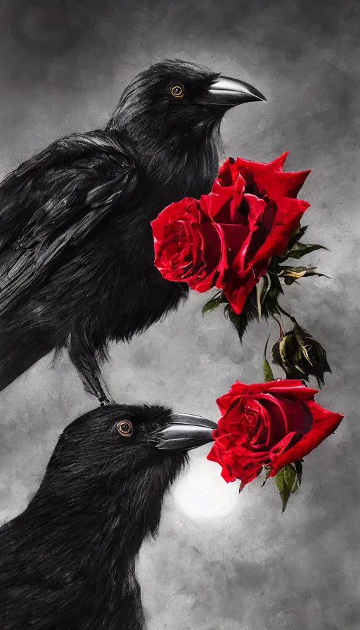 Image similar to portrait, A crow with red eyes in front of the full big moon, book cover, red roses, red white black colors, establishing shot, extremly high detail, foto realistic, cinematic lighting, by Yoshitaka Amano, Ruan Jia, Kentaro Miura, Artgerm, post processed, concept art, artstation, raphael lacoste, alex ross, portrait, A crow with red eyes in front of the full big moon, book cover, red roses, red white black colors, establishing shot, extremly high detail, foto realistic, cinematic lighting, by Yoshitaka Amano, Ruan Jia, Kentaro Miura, Artgerm, post processed, concept art, artstation, raphael lacoste, alex ross