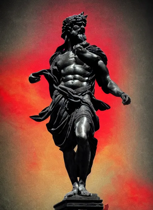 Prompt: elegant dark design poster showing a large greco roman statue of zeus, black background with very subtle red and purple design elements, bold, powerful, nekro, vito acconci, thin straight purple lines, dark, glitch art, neo vaporwave, gritty, layout frame, square, trending on artstation