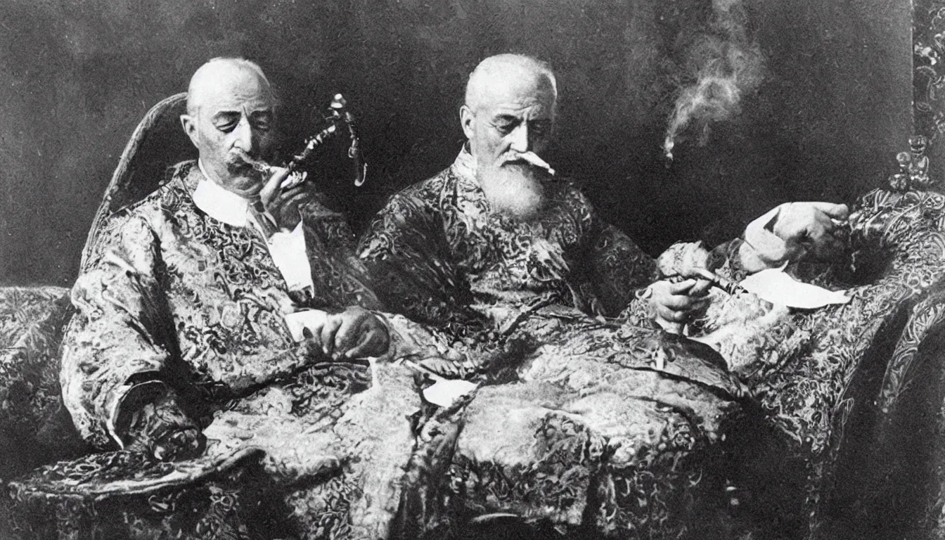 Prompt: turkish emperor smoking a hookah while laying down