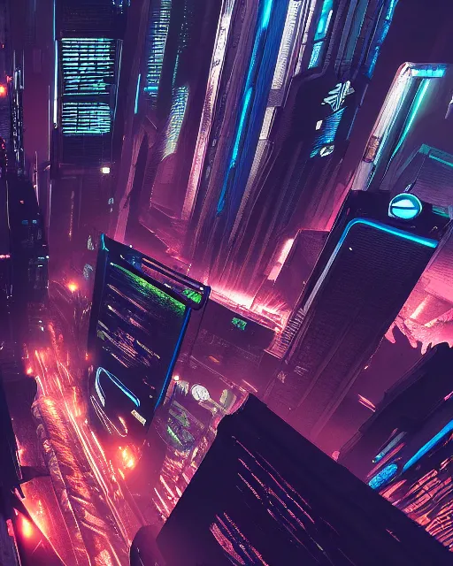 Image similar to cyberpunk scifi scene of a city at night, aerial view, craft flying, artstation, matt painting, very detailed, maximalism, ambient occlusion, volumetric light, atmospheric haze, unreal engine, hyper realism, realistic shading, cinematic composition, realistic render, octane render, detailed textures, photorealistic, wide shot