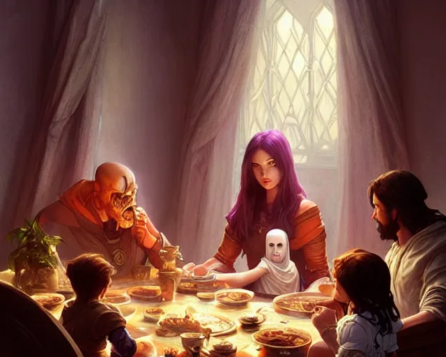 Image similar to a ghost looking at a family eating dinner, deep focus, d & d, fantasy, intricate, elegant, highly detailed, digital painting, artstation, concept art, matte, sharp focus, illustration, hearthstone, art by artgerm and greg rutkowski and alphonse mucha