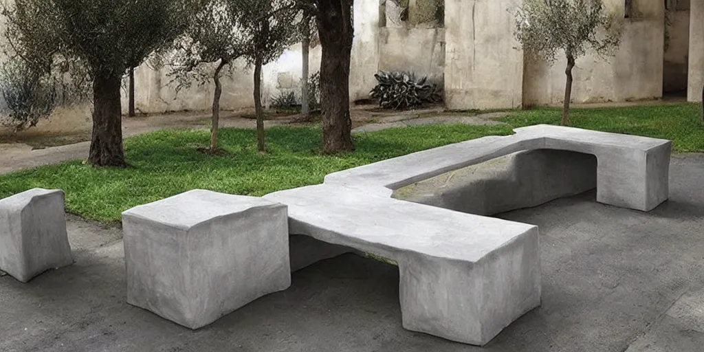 Image similar to creative concrete benches, colorful, olive trees