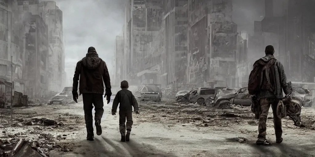 Prompt: A young boy and his father walk down a long road in a grey, ruined, post apocalyptic city, cinematic