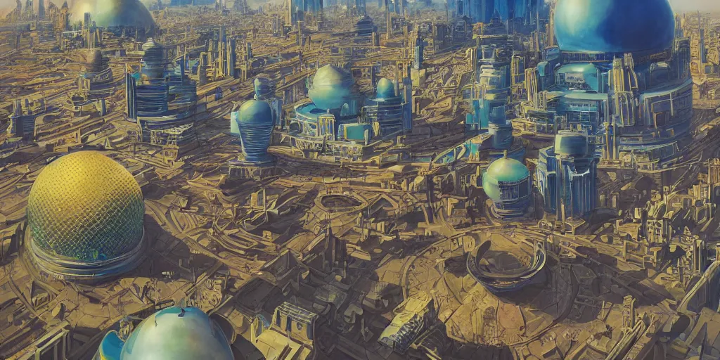 Prompt: a beautiful painting of futuristic islamic city with dome and croweded street alot of people by angus mckie, trending on artstation