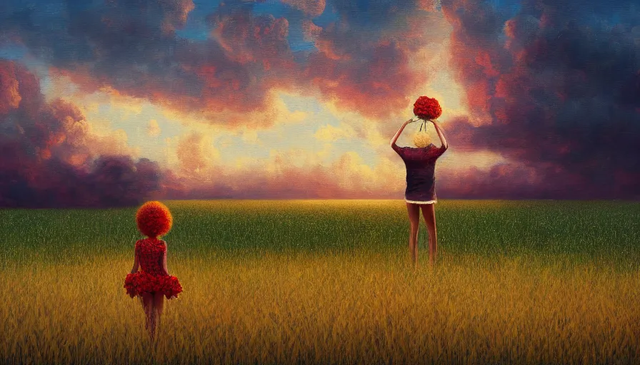 Image similar to giant red carnation afro head, full body, girl watching sunset, empty wheat field, surreal photography, forest background, dramatic light, impressionist painting, colorful clouds, digital painting, pointillism, artstation, simon stalenhag