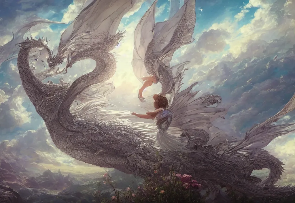 Image similar to the beautiful hyper detailed scene render that a lonely single beautiful girl lies in the arms of a huge silver dragon alone in the fairyland surrounded by white clouds, in the style of makoto shinkai victo ngai and peter mohrbacher studio ghibli artgerm karol bak beeple, animation style, 8 k hd, dream, ultra wide angle, animation style