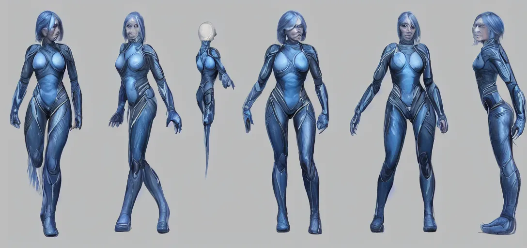 Prompt: character sheet concept art of cortana, realistic, hyper realistic, photographic, costume, by mcu concept artists
