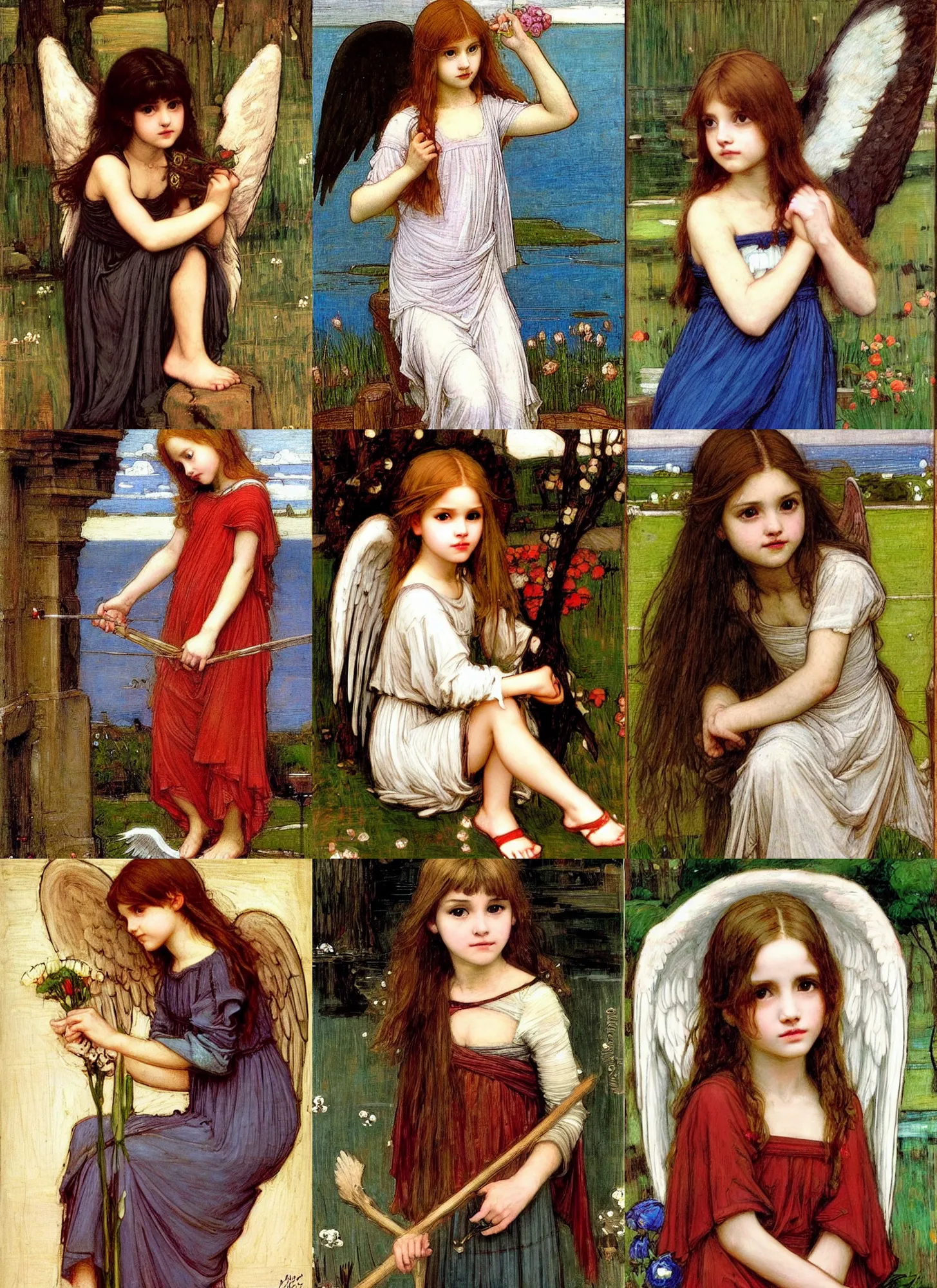 Prompt: cute girl angel in the style of John William Waterhouse