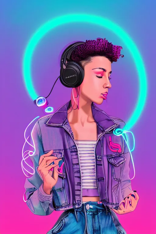 Image similar to a award winning half body portrait of a beautiful woman with stunning eyes in a croptop denim jacket and cargo pants with ombre purple pink teal hairstyle dancing with headphones on her ears by thomas danthony, surrounded by whirling illuminated lines, outrun, vaporware, shaded flat illustration, digital art, trending on artstation, highly detailed, fine detail, intricate