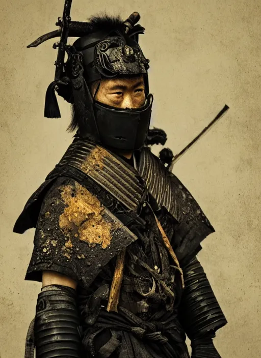 Image similar to samurai portrait photo, wearing all black mempo mask, after a battle, war scene, dirt and unclean, extreme detail, cinematic, dramatic lighting render, extreme photorealism photo by national geographic, tom bagshaw, masterpiece