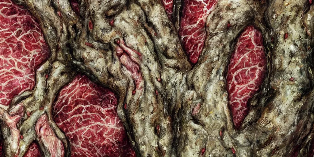 Prompt: details of lichens growing on flesh and skin, meat veins, tree texture details, painitng, wrinkles and muscle tissues, twigs, stab wound, oil on canvas, 4k, 8K, photorealistic, soft spot light, cinematic lighting, sharp, contrasting, hyperrealistic painting