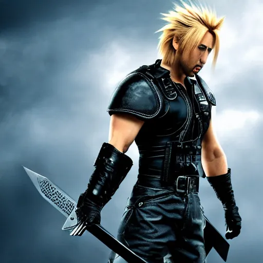 Prompt: buff nic cage playing cloud strife, movie still, digital photography, high quality