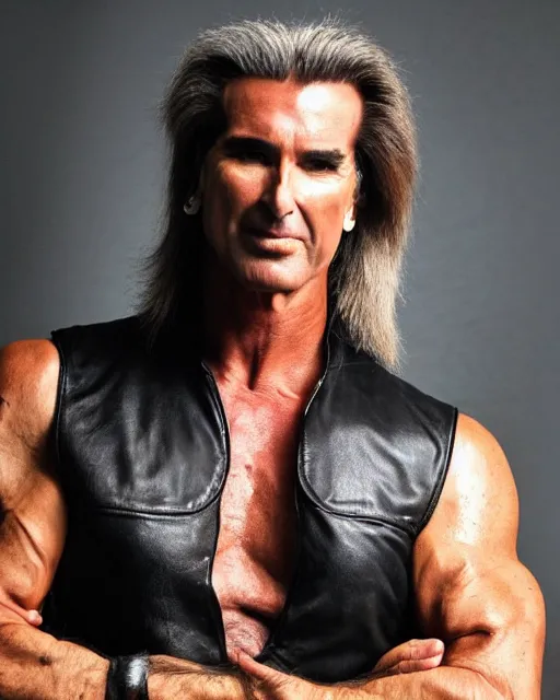 Prompt: photo of grizzled fabio lanzoni with black hair and a five o clock shadow wearing a black leather vest, shirtless, dark cargo pants 9 9 9 9 9 9 9 9 9