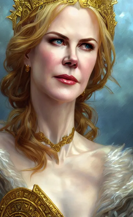 Image similar to portrait of nicole kidman as the goddess circe, greek mythology, intricate, headshot, highly detailed, digital painting, artstation, concept art, sharp focus, cinematic lighting, illustration, art by artgerm and greg rutkowski, alphonse mucha, cgsociety