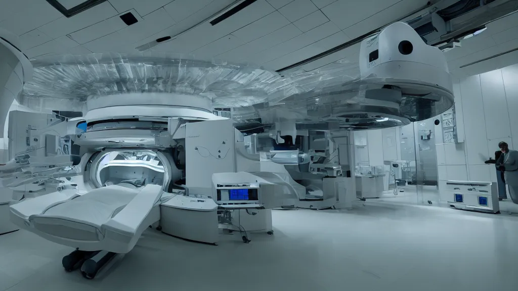 Image similar to a huge mri machine and control panels in the inspection room, film still from the movie directed by denis villeneuve with art direction by salvador dali, wide lens