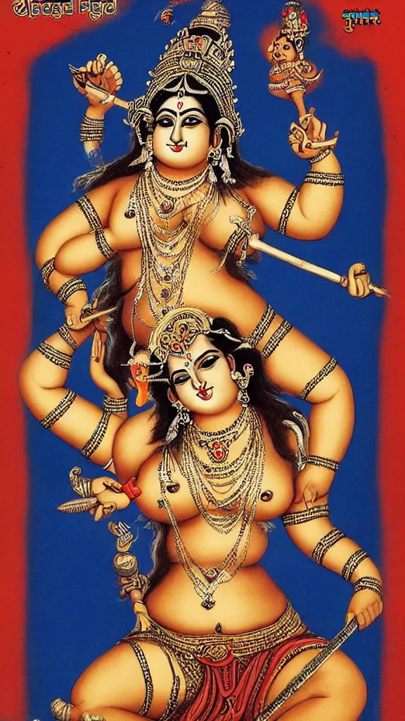Image similar to curvy body of hindu goddess devi, holding a skull on one hand and trident on another, posing for playboy photoshoot