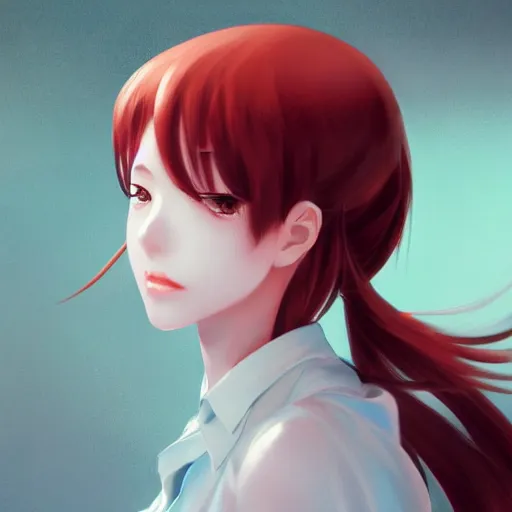 Image similar to kurisu makise, elegant, ultra highly detailed, digital painting, smooth, sharp focus, artstation, top-down shot, red background, art by Ina Wong