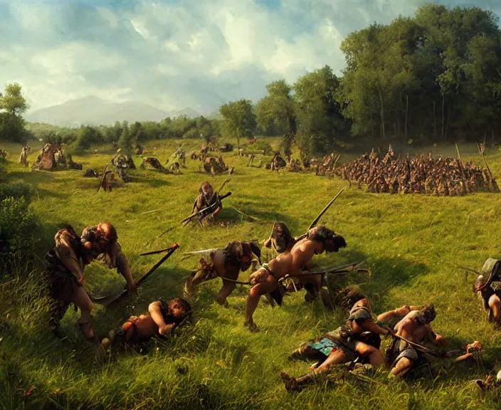 Image similar to a peaceful encampment of barbarian men in an irish meadow, art by denys tsiperko and bogdan rezunenko, hyperrealism