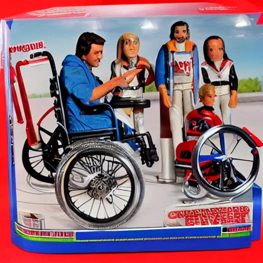 Prompt: evel knievel broken leg play set, wheelchair, crutches, by mattel, for kids, j. c. penny wish book 1 9 8 2