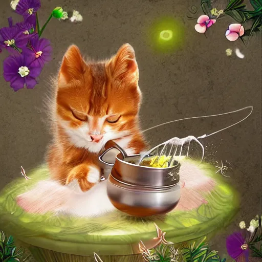 Prompt: a happy cute cat-fairy brewing a magic potion, extreme detail, photorealistic