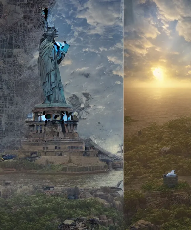 Image similar to highly detailed digital matte painting of an overgrown, abandoned, damaged close up of Lady of Liberty, taken back by nature Lady Liberty is the focus. Full shot. By Raphael Lacoste and Ruan Jia and Robert McCall, postcyberpunk, geodesic dome, hyperdetailed, sunrise, wide shot, autochrome, octane render