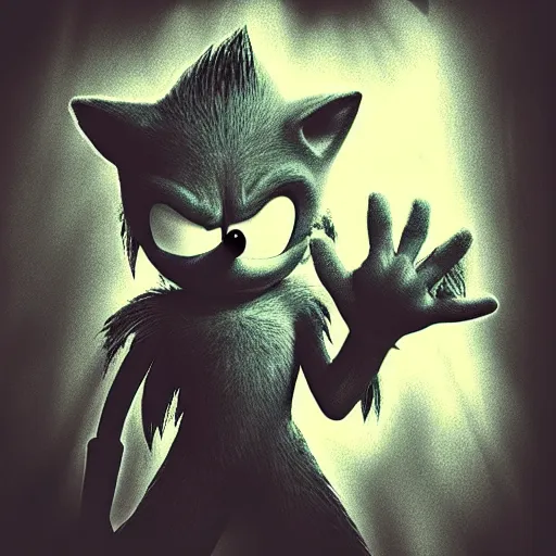 Image similar to sonic, horror, creepy, dark