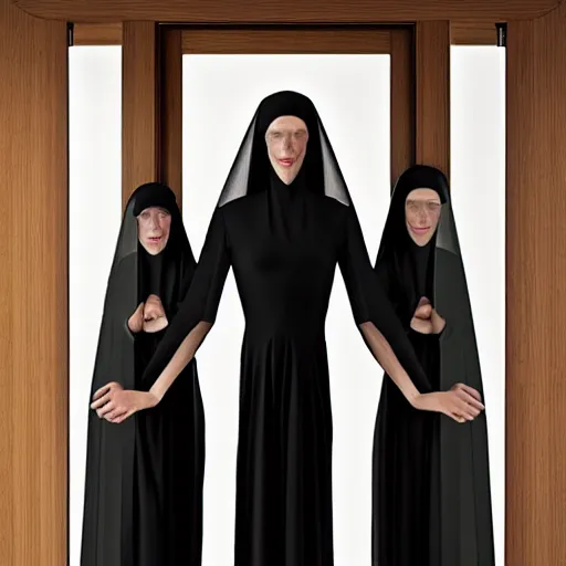 Image similar to award winning photo Hovering twins, buxom nuns, wearing translucent veils, see through dress, Very long arms, bedroom, wood door, eerie, frightening, highly detailed, photorealistic —width 1024 —height 1024