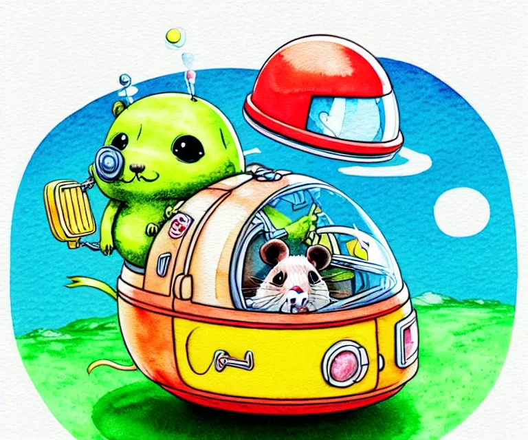 Image similar to cute and funny, hamster wearing a helmet riding in a tiny rocket ship, ratfink style by ed roth, centered award winning watercolor pen illustration, isometric illustration by chihiro iwasaki, edited by range murata, tiny details by artgerm and watercolor girl, symmetrically isometrically centered, focused