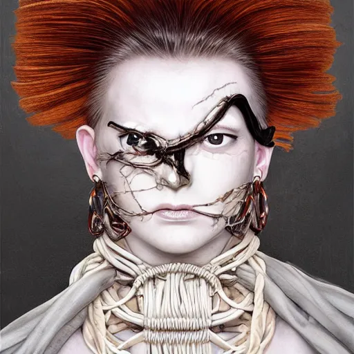 Image similar to portrait of a Shibari rope wrapped face and neck, headshot, insanely nice professional hair style, dramatic hair color, digital painting, of a old 17th century, old cyborg merchant, amber jewels, baroque, ornate clothing, scifi, realistic, hyperdetailed, chiaroscuro, concept art, art by Franz Hals and Jon Foster and Ayami Kojima and Amano and Karol Bak,