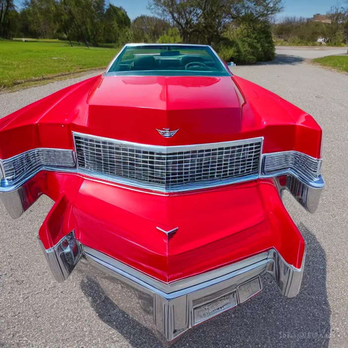 Prompt: epic front view of red 1975 cadillac eldorado convertible, sigma 10mm