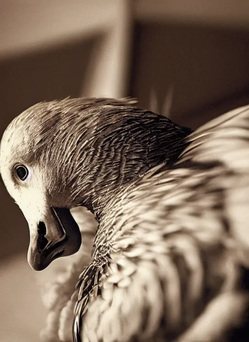 Image similar to ryan gosling fused with a goose, construction, natural light, bloom, detailed face, magazine, press, photo, steve mccurry, david lazar, canon, nikon, focus