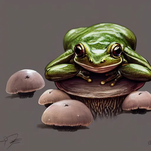 Image similar to a frog sitting on a mushroom, intricate, highly detailed, digital painting, artstation, concept art, smooth, sharp focus, illustration, unreal engine 5, 8 k, art by artgerm and greg rutkowski and alphonse mucha