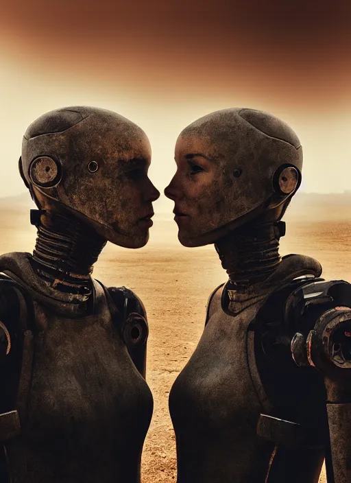 Image similar to cinestill 5 0 d photographic portrait by steve mccurry of two loving female androids wearing rugged black techwear on a desolate plain with a red sky in front of a brutalist structure, extreme closeup, cyberpunk style, dust storm, 8 k, hd, high resolution, 3 5 mm, f / 3 2, ultra realistic faces, ex machina