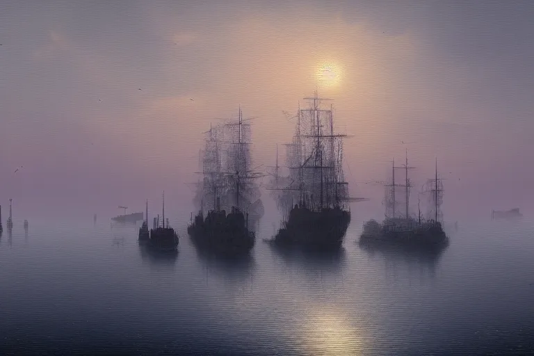 Image similar to ship in harbor, sunset, 4k, artstation, caspar friedrich, mist