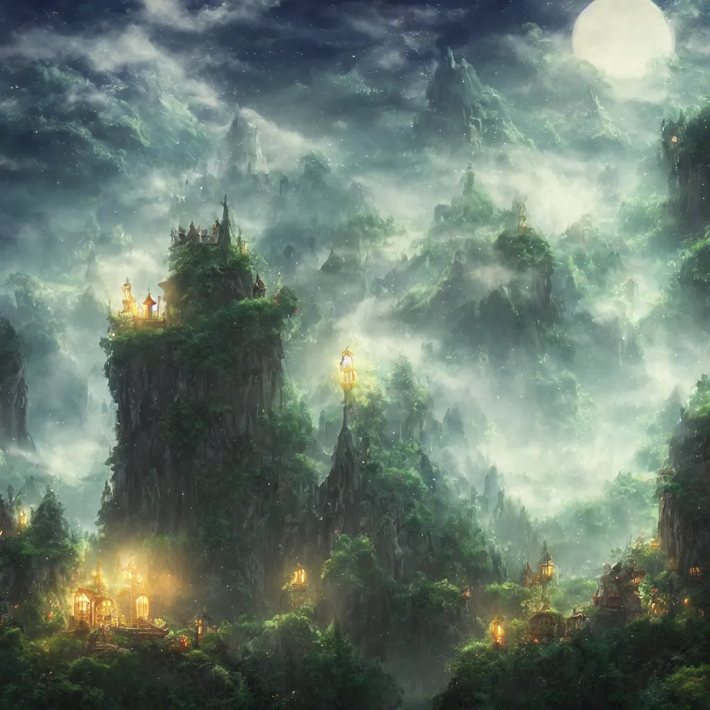 Prompt: kingdom of elves, outside of time and space, dreamy, romantic, night lighting, gorgeous lighting, dramatic cinematic lighting, intricate, highly detailed, studio ghibli, 8 k