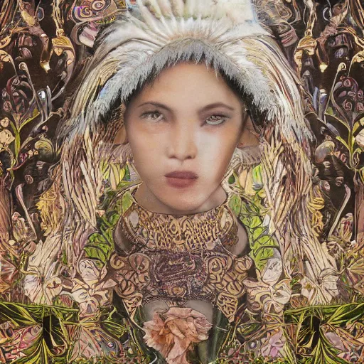 Image similar to An extremely beautiful pre-raphaelite ornate portrait of a very beautiful Dayak native, ultradetailed, intricate, elegant, digital art painting, smooth, sharp focus, magazine art cover illustration, regal, award winning picture, extremely detailed masterpiece, sense of awe, featured on Artstation, Artgerm, ethereal bubbles, Aetherpunk, atmospheric lightning, Exquisite floral details, 8K detail post-processing