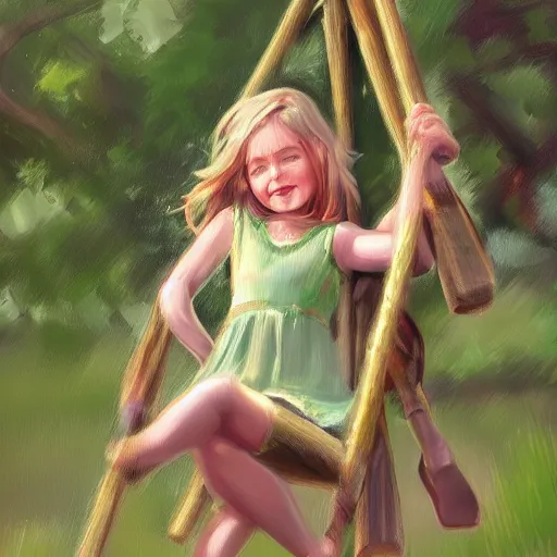 Prompt: A hyperdetailed digital oil painting of A girl is playing on a swing,cartoon, Trending on ArtStation and DeviantArt
