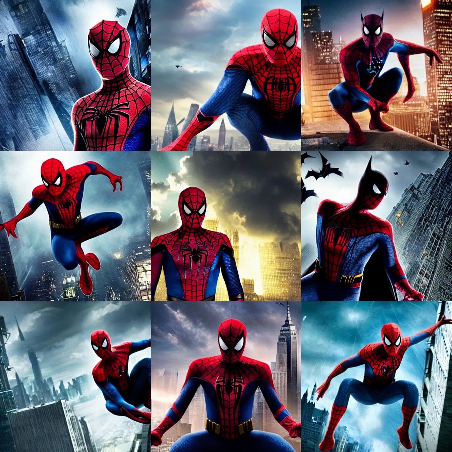 Prompt: spiderman dressed as batman, marvel movie, epic scene, cinematic still