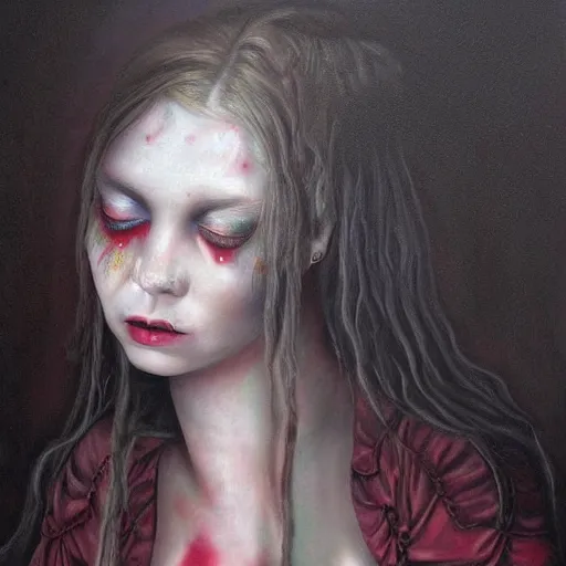 Prompt: a hyperrealistic painting of a beautiful gothic princess crying tears of blood, by Mark Lovett, vivid color, highly detailed,