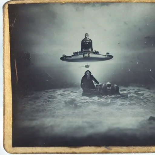 Image similar to tintype photo, swimming deep underwater, alien ship