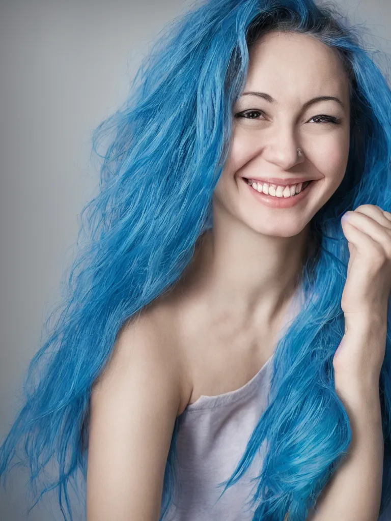 Prompt: Portrait of a woman with blue hair and smiling, ultra-realistic,