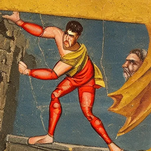 Prompt: hellenistic greece painting of old - fashioned - ironman flying across the coliseum