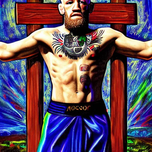 Image similar to religious portrait, conor mcgregor on the cross, crucifixion, oil on canvas, digital art