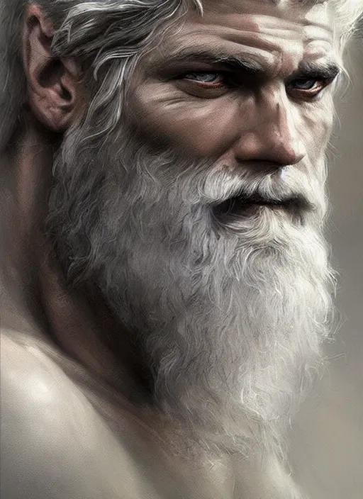 Image similar to painted portrait of rugged zeus, greek god, white hair, masculine, mature, handsome, upper body, muscular, hairy torso, fantasy, intricate, elegant, highly detailed, digital painting, artstation, concept art, smooth, sharp focus, illustration, art by gaston bussiere and craig mullins