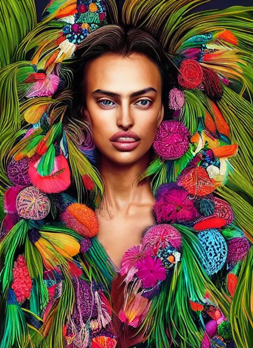 Image similar to beautiful portrait of Irina Shayk wearing fantastic Hand-dyed cotton dress,embellished beaded feather decorative fringe knots ,colorful pigtail,playful makeup,subtropical flowers and plants,symmetrical face,intricate,elegant,highly detailed,8k,digital painting,trending on pinterest,harper's bazaar,concept art, sharp focus, illustration,golden ratio,by artgerm,Tom Bagshaw,Lawrence Alma-Tadema,greg rutkowski