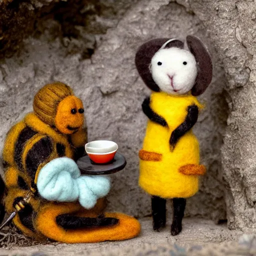 Prompt: an anthropomorphic stop motion little worker bee having a tea party with another worker at the entrance of their hive while on break, both are wearing victorian dresses, photography, felt, plush, yarn, high resolution, photorealistic, national geographic