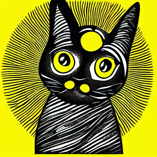 Image similar to tattoo sketch of a cat hugging the sun, on a yellow paper, african ornament, line art, vector