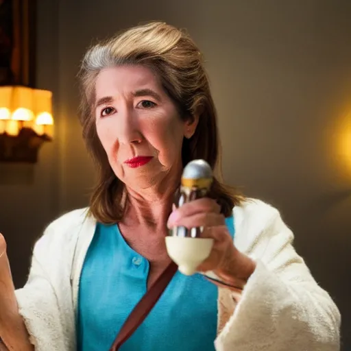 Image similar to a cinematic medium shot of lin shaye holding an oil lamp, realistic, cinematography, dutch angle, 5 0 mm, 3 point lighting, dark setting