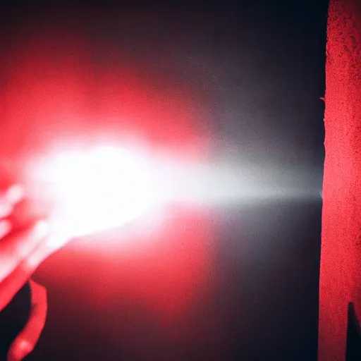 Image similar to Tension building scene someone coming out of pitch black darkness with hand grasping toward the camera, red light, horror movie, Movie Cinematography