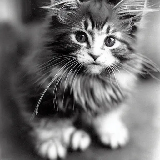 Image similar to close up of a maine coon kitten wearing soldier helmet in the battle, ww 2, black & white